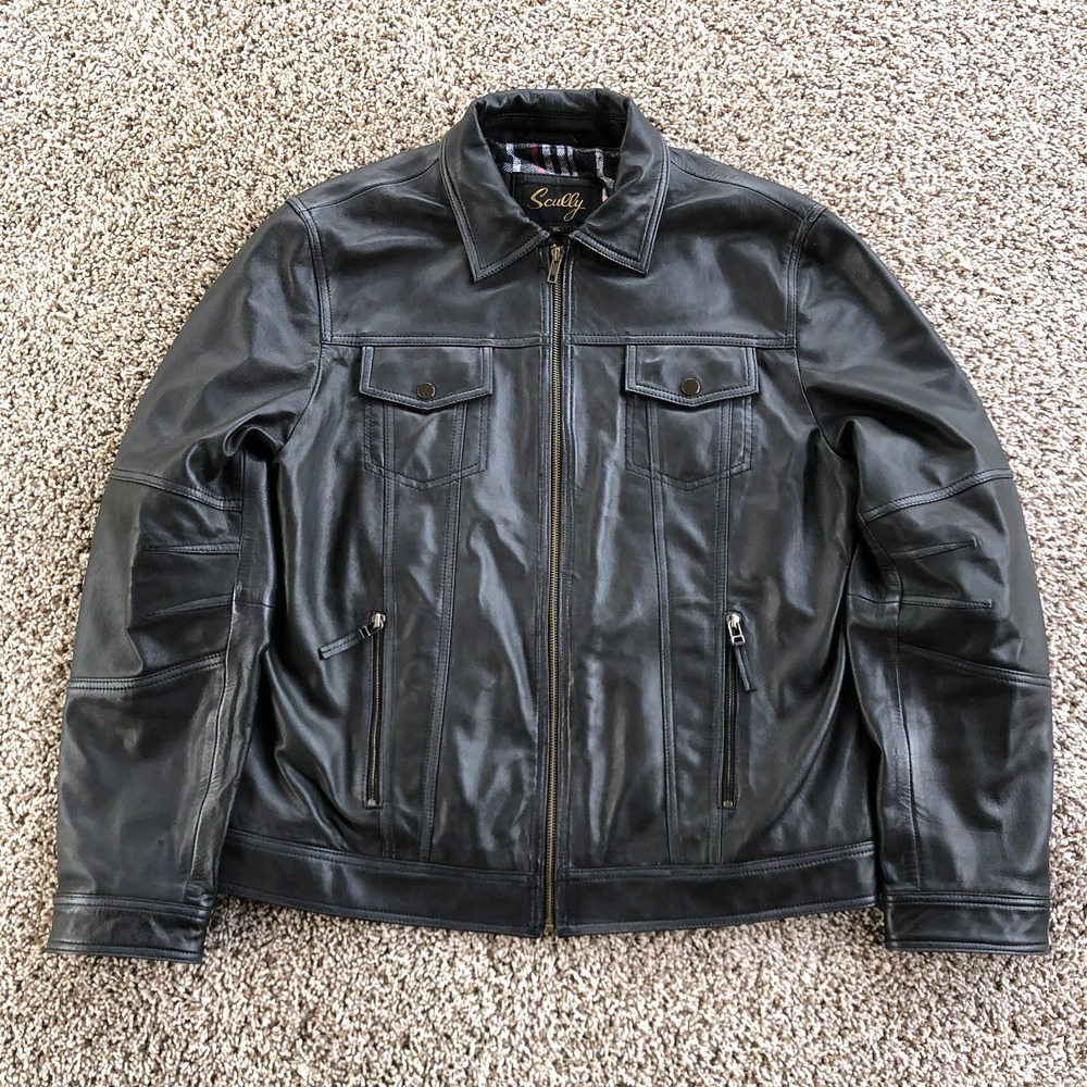 Scully Lambskin Leather Jacket Mens XL Black Full Zip Plaid Lined Soft Leather
